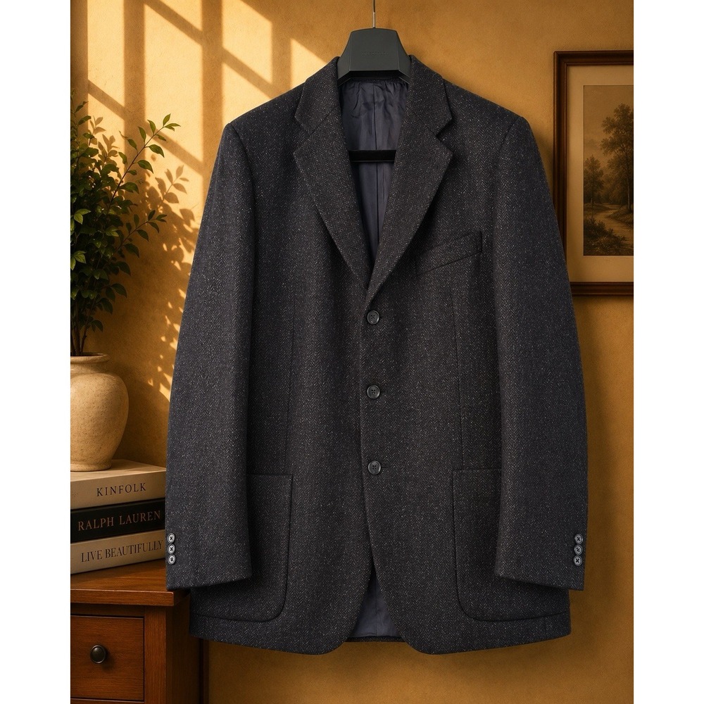Maggiore Blazer Mens 43R Charcoal Herringbone Wool Silk Nordstrom Made Portugal